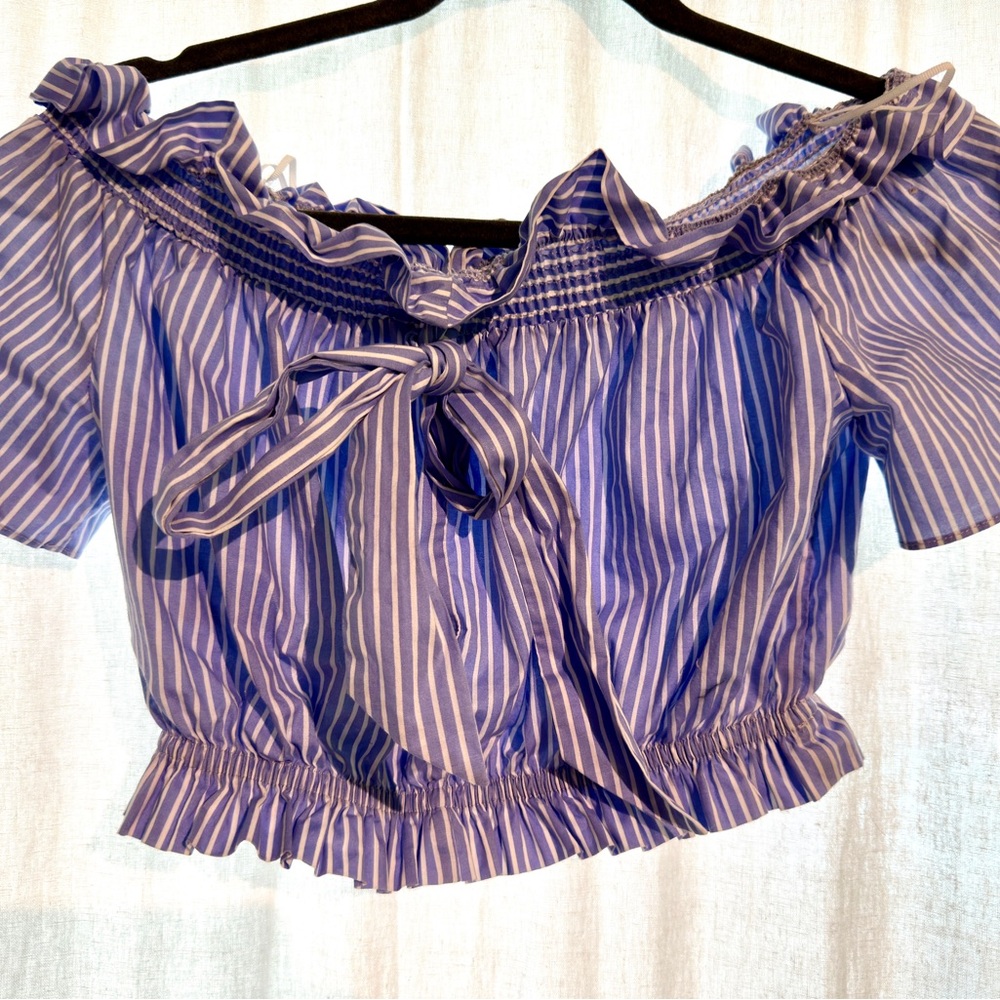 Zara Blue and White Pinstripe Crop Top S .  Billowed drop shoulder, w/front tie